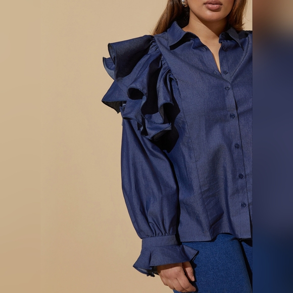 NWT SIZE 24 (3X) ASHLEY STEWART Ruffled Denim Shirt - Picture 3 of 6
